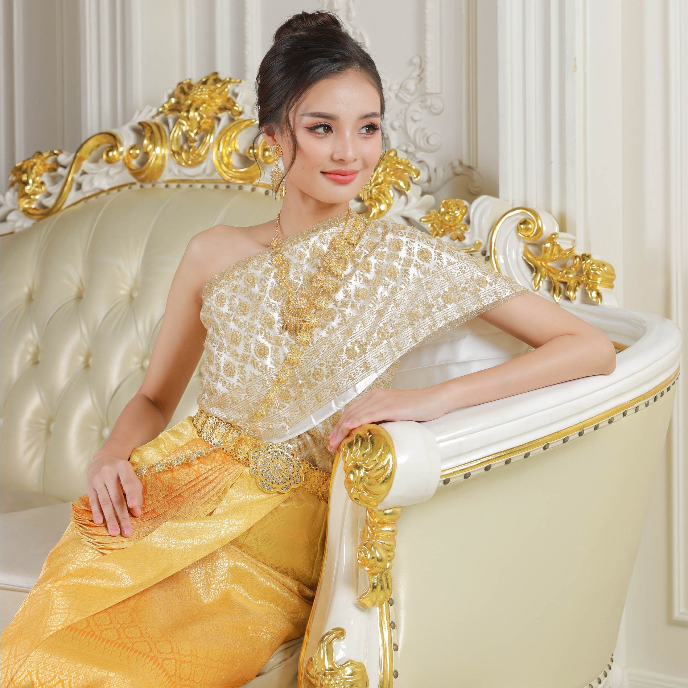 Gold Traditional Thai Wedding Dress and Accessories