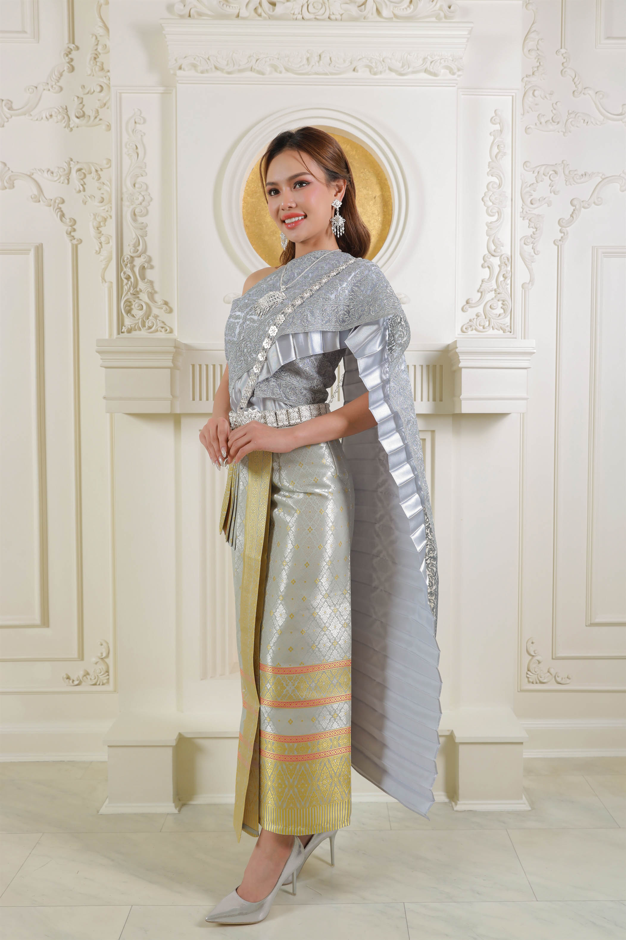 Thailand's national dress in silver and grey detail